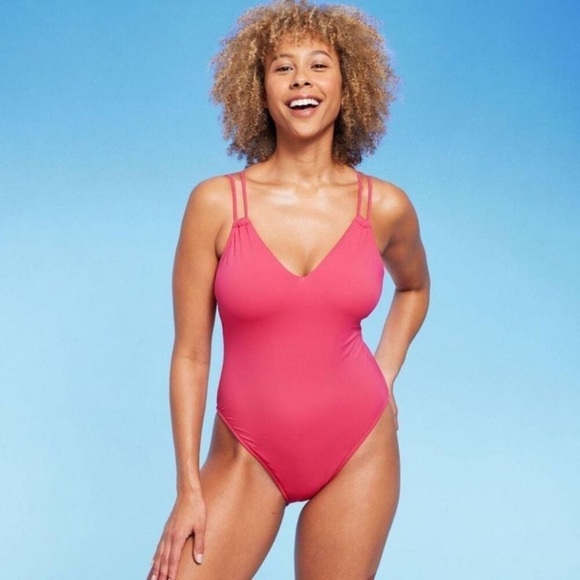 Shade & Shore Women's Tunneled Plunge One Piece Swimsuit Bathing Suit, Pink - Picture 1 of 3